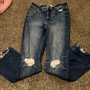 Buckle Blue Boot Cut Jeans with Distressed Details